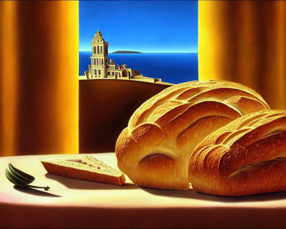 Still life painting of fresh bread loaves, leaf, and coastal backdrop