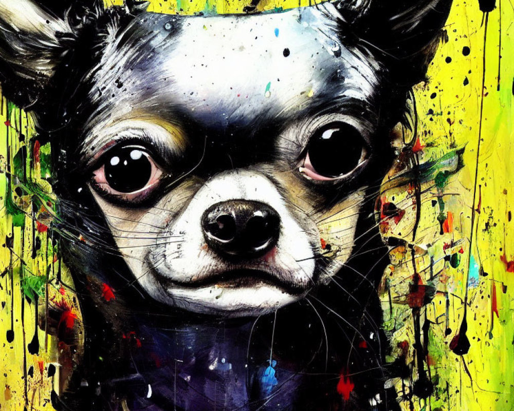 Colorful Chihuahua graffiti painting on yellow backdrop