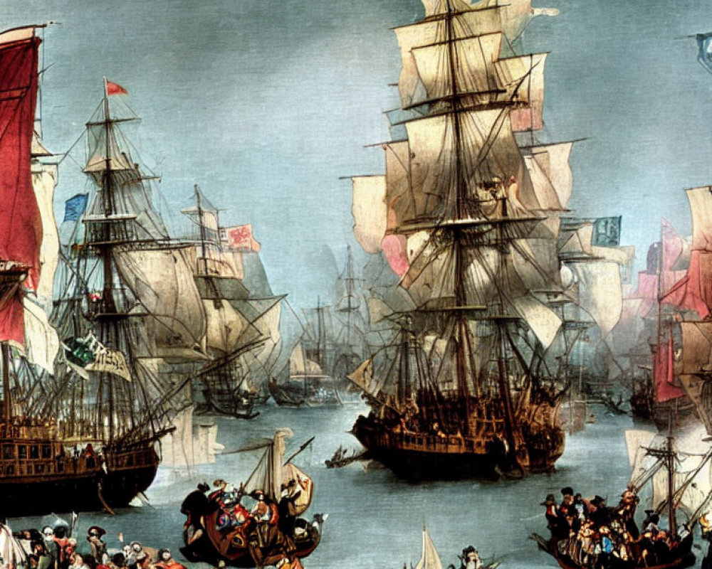 Historical painting of bustling sailing port with ships, boats, and dockside crowds.