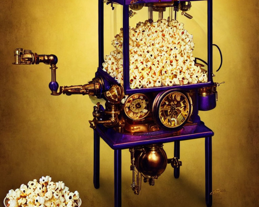 Vintage Brass Gear Popcorn Machine Popping Popcorn on Blue Frame