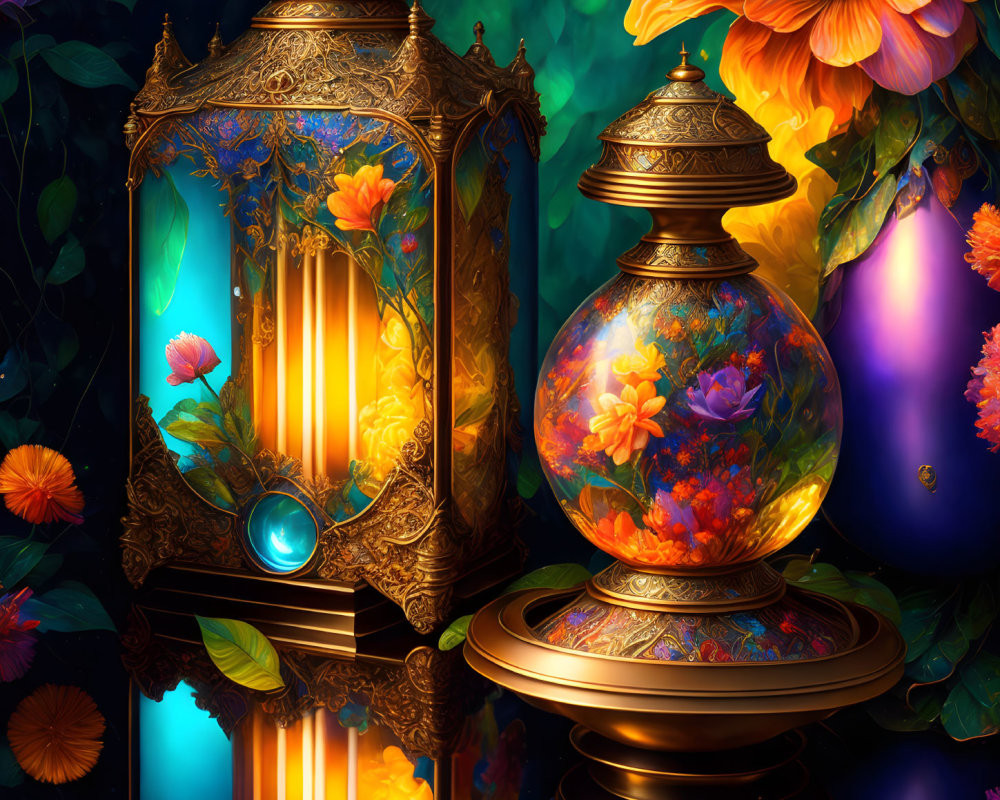 Ornate lantern and floral vase with vibrant flowers and mystical glow