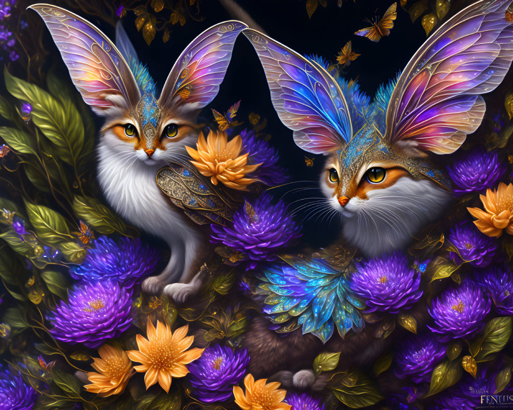 Mystical cats with butterfly wings in vibrant floral scene