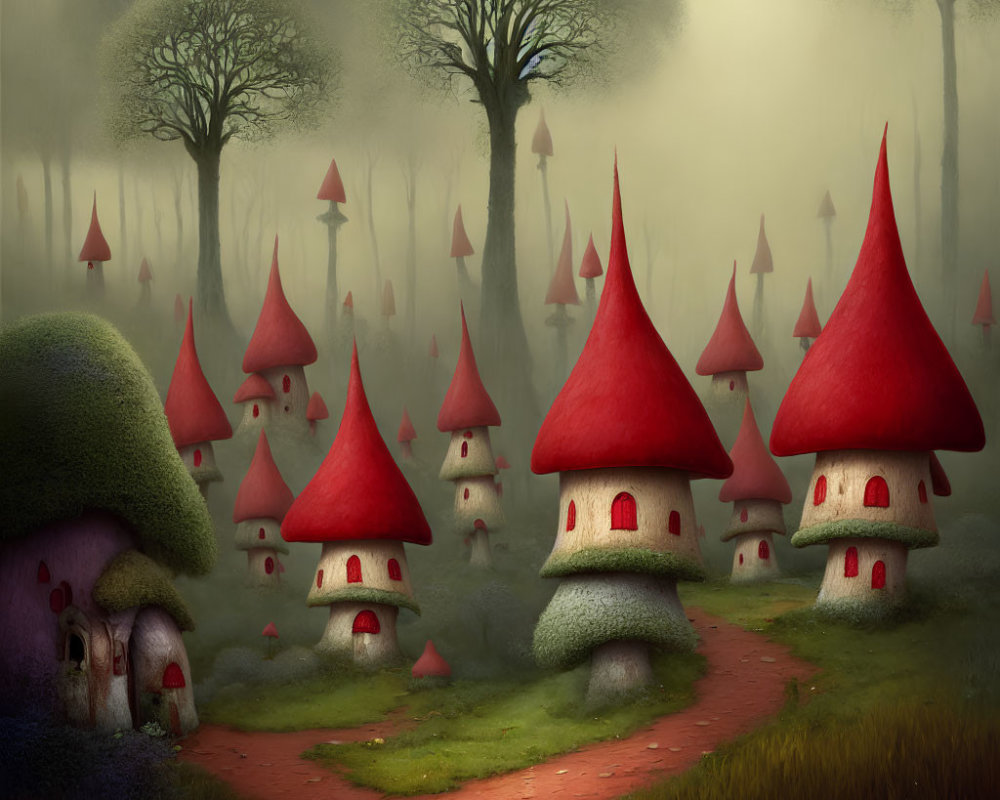 Mystical forest with mushroom-shaped houses in misty setting