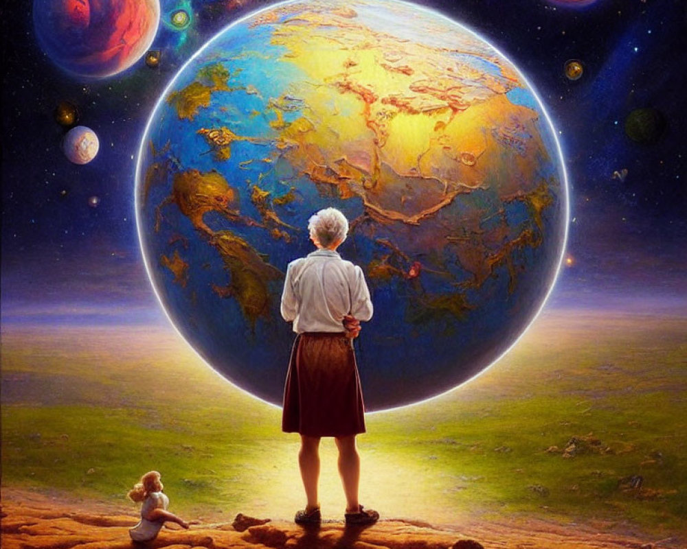 Elderly person and child admire vibrant earth in celestial scene