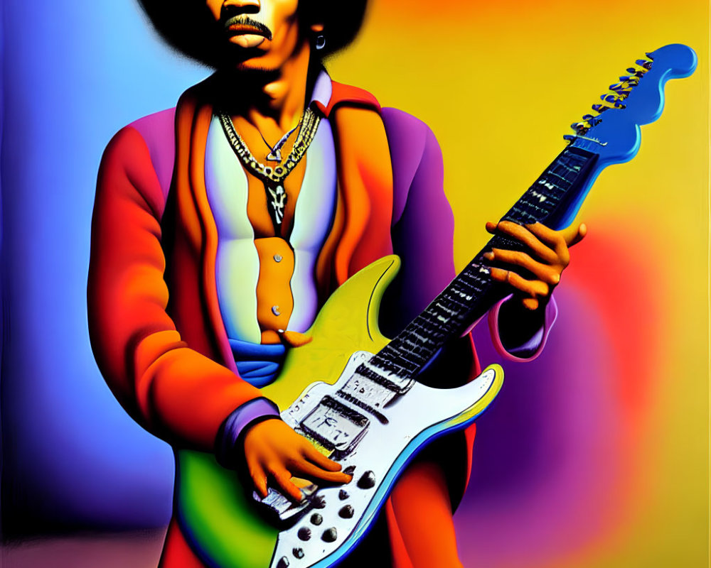 Colorful musician with afro playing electric guitar on psychedelic background