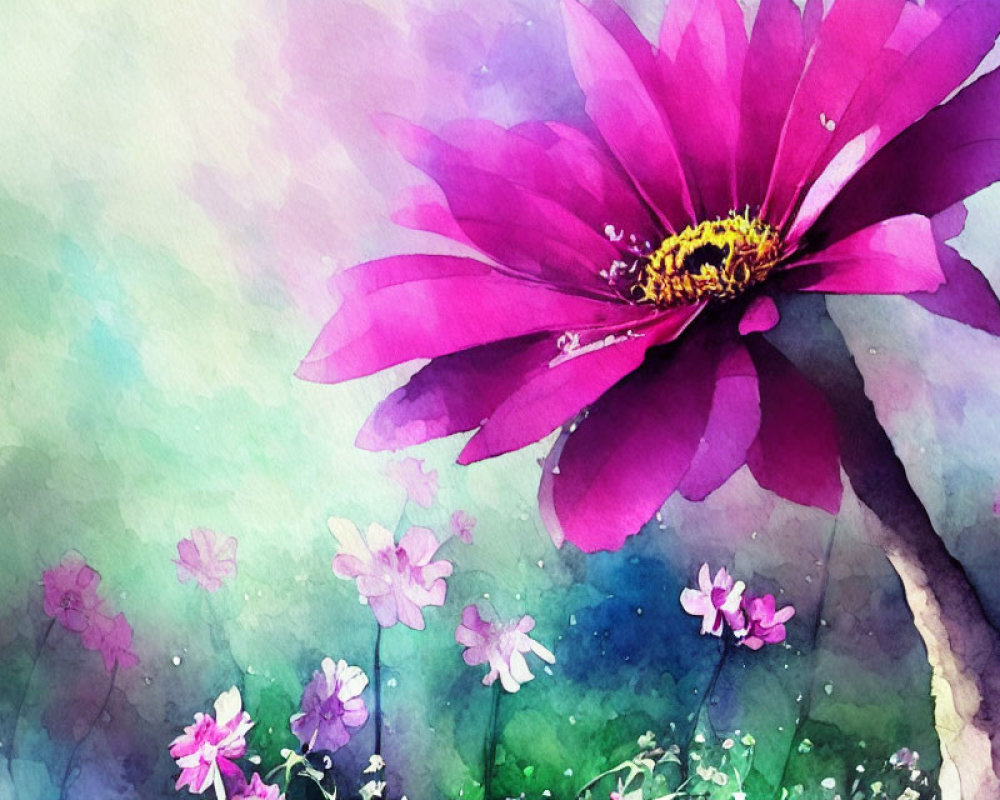 Colorful watercolor painting of magenta flower and delicate petals on pastel background