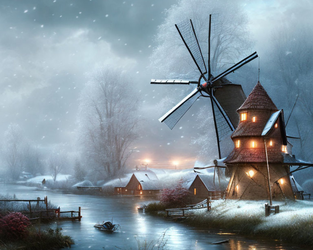 Traditional windmill by frozen river in serene winter scene