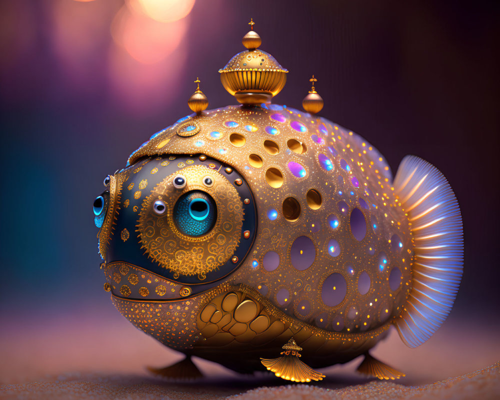 Ornate golden fish with blue eyes and delicate fins on bokeh-lit background