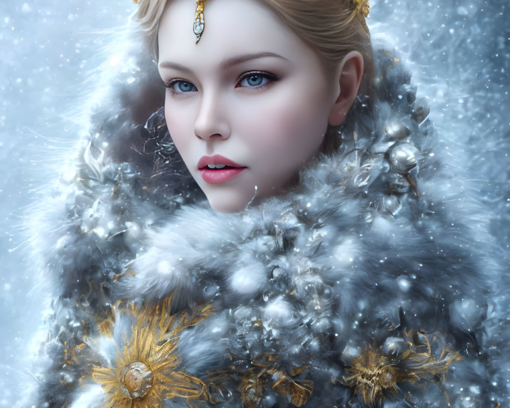 Regal woman with blue eyes in golden crown and fur cape in snowy setting