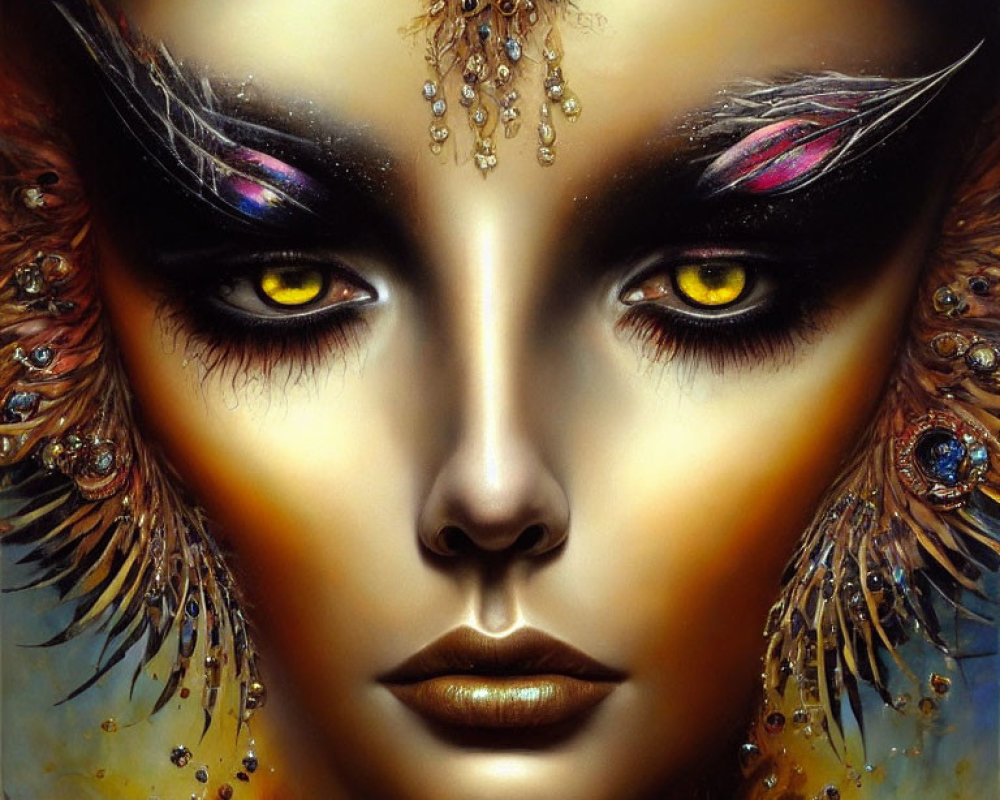 Detailed fantasy portrait with yellow eyes, feather adornments, and jewel makeup