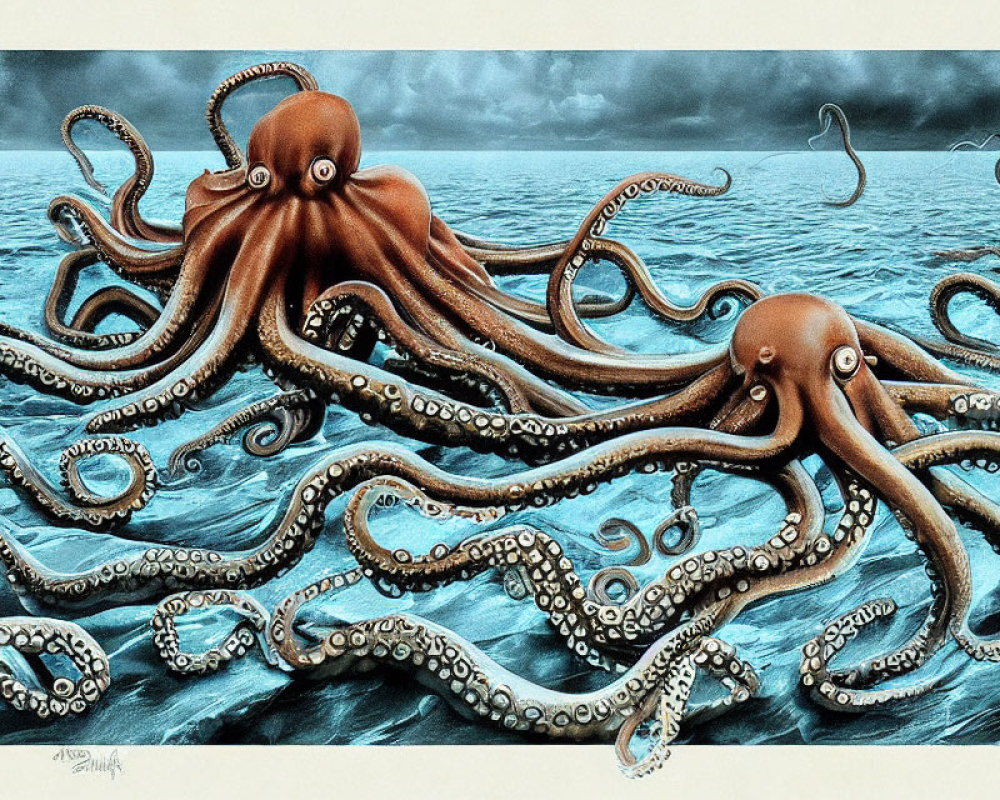 Two large octopuses with extended tentacles in stormy sea scene