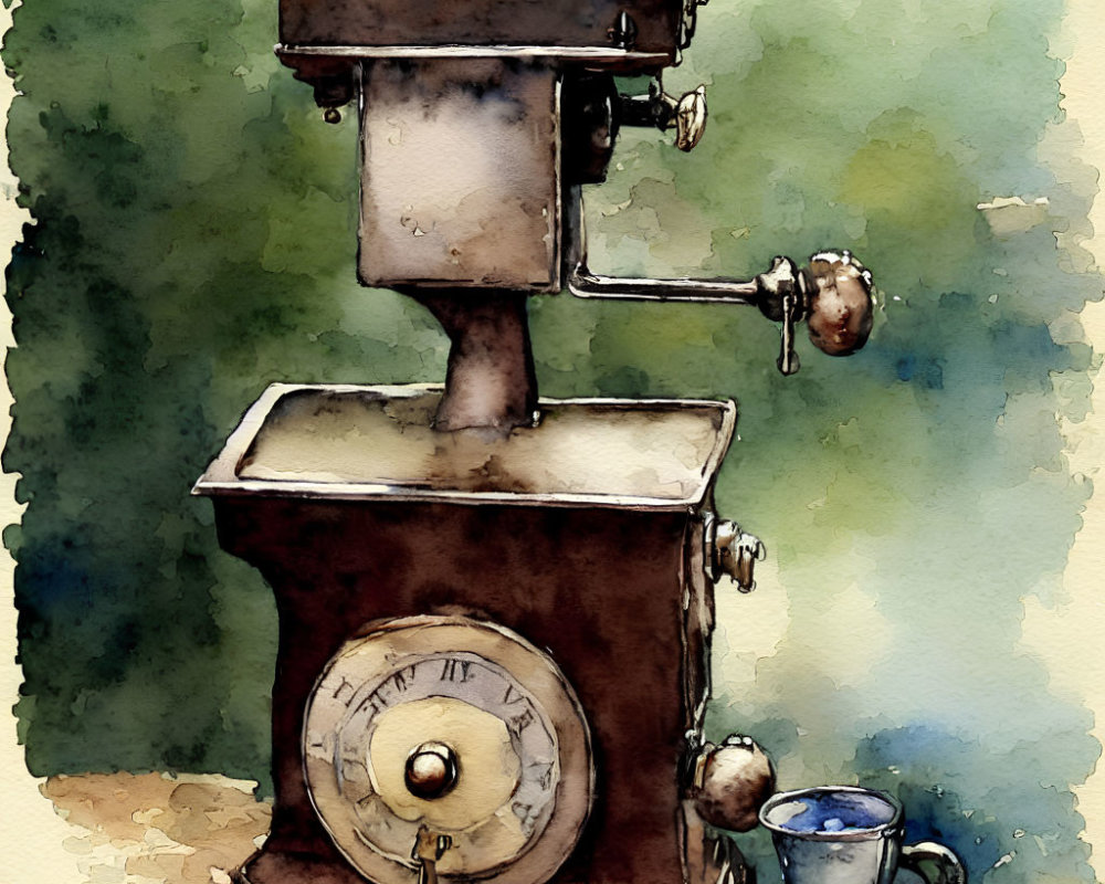 Vintage manual coffee grinder and blue espresso cup in watercolor art