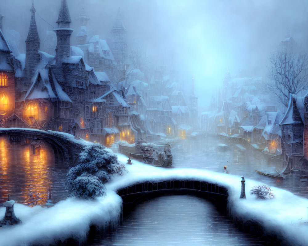 Snowy Fantasy Village with Stone Bridge and Mystical Glow