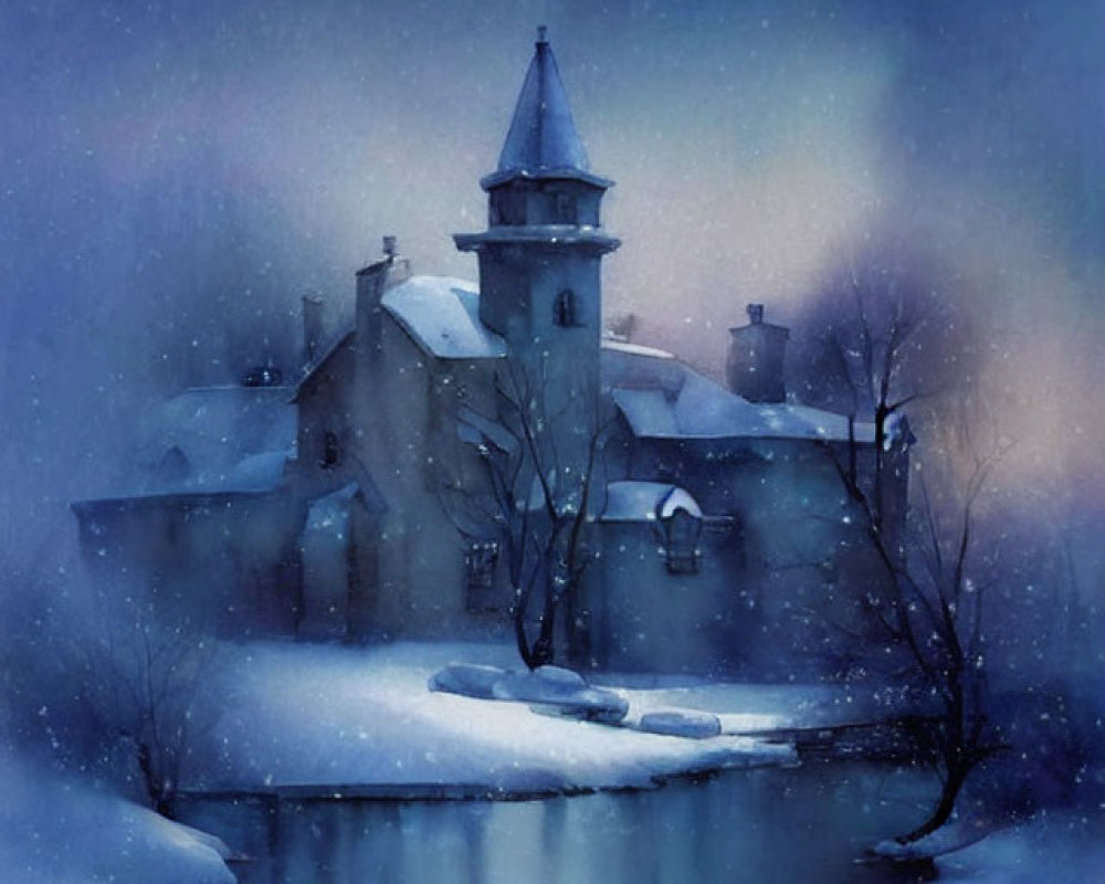 Snow-covered chapel by calm river at twilight with serene, mystical atmosphere and blue-violet hues