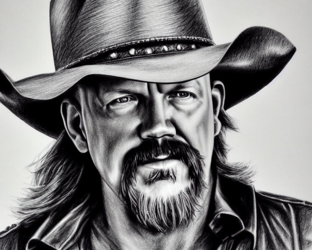 Detailed pencil drawing of a man with a beard and mustache in a cowboy hat