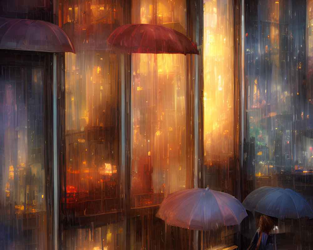 Rainy Evening Scene Outside Cafe MIMIA with Two People Under Umbrellas