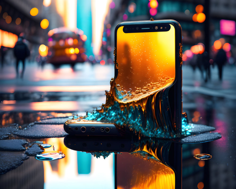 Vibrant orange screen melting on wet city street at twilight