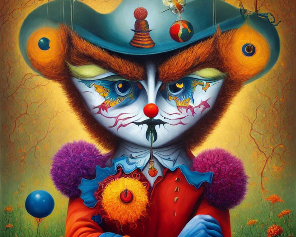 Colorful anthropomorphic creature blending clown and cat features in surreal painting