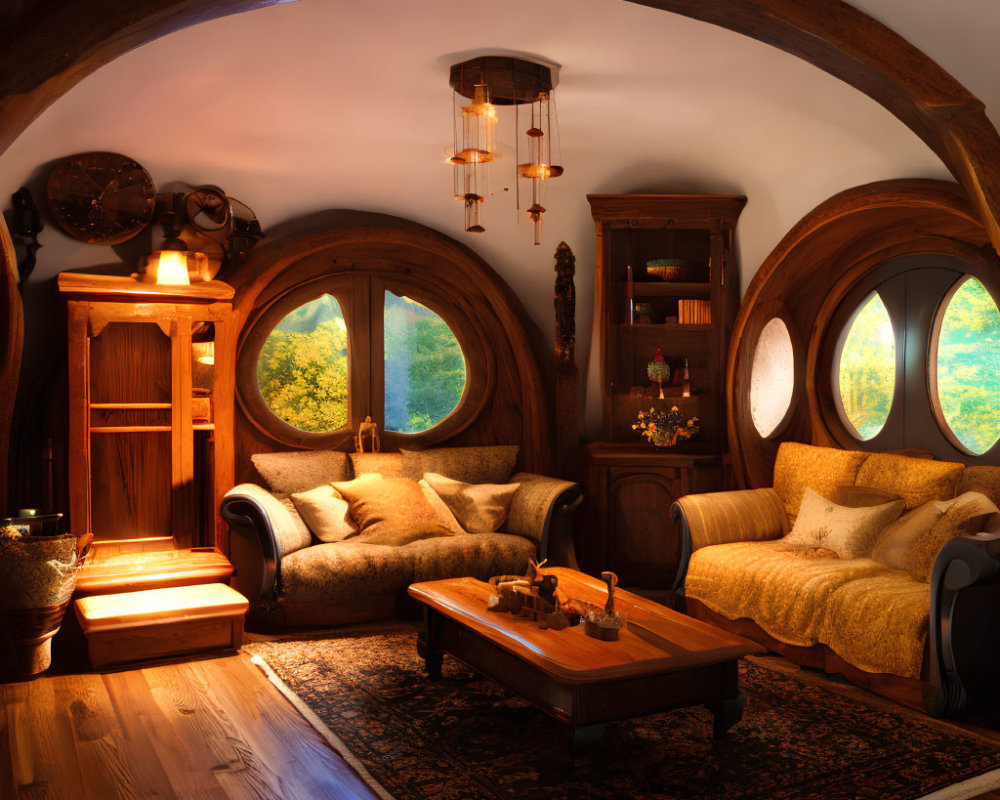 Round window, arched ceiling, wooden furniture in a cozy hobbit-style living room