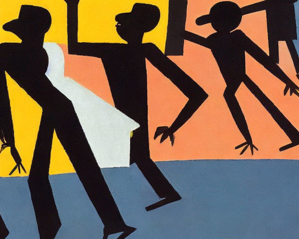 Silhouetted figures with elongated shadows on vibrant yellow and blue background