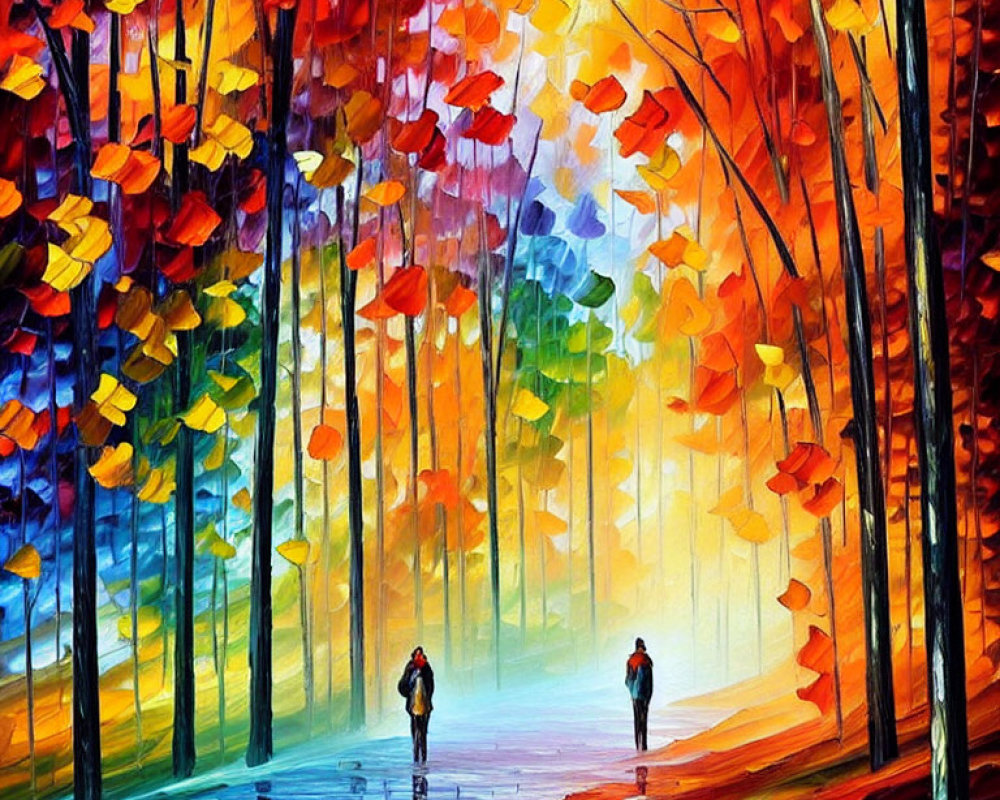 Colorful Painting of Two People Walking in Autumn Forest