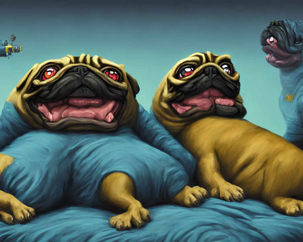 Three cartoonish pugs with exaggerated features and a blue cape on one, set against a turquoise backdrop