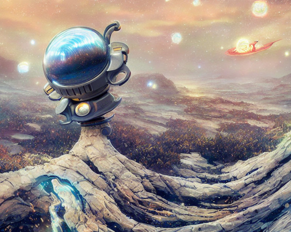 Whimsical landscape with robot head and person on flying sled