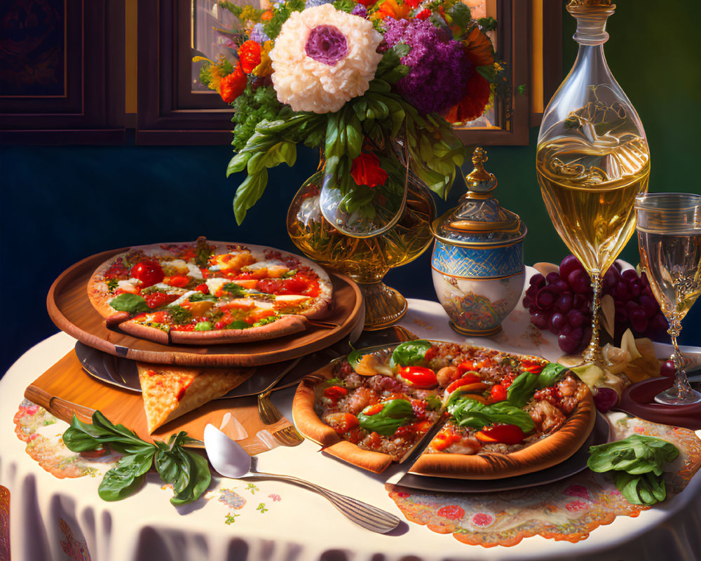 Luxurious sunset view spread with pizza, bouquet, fruits, and wine.