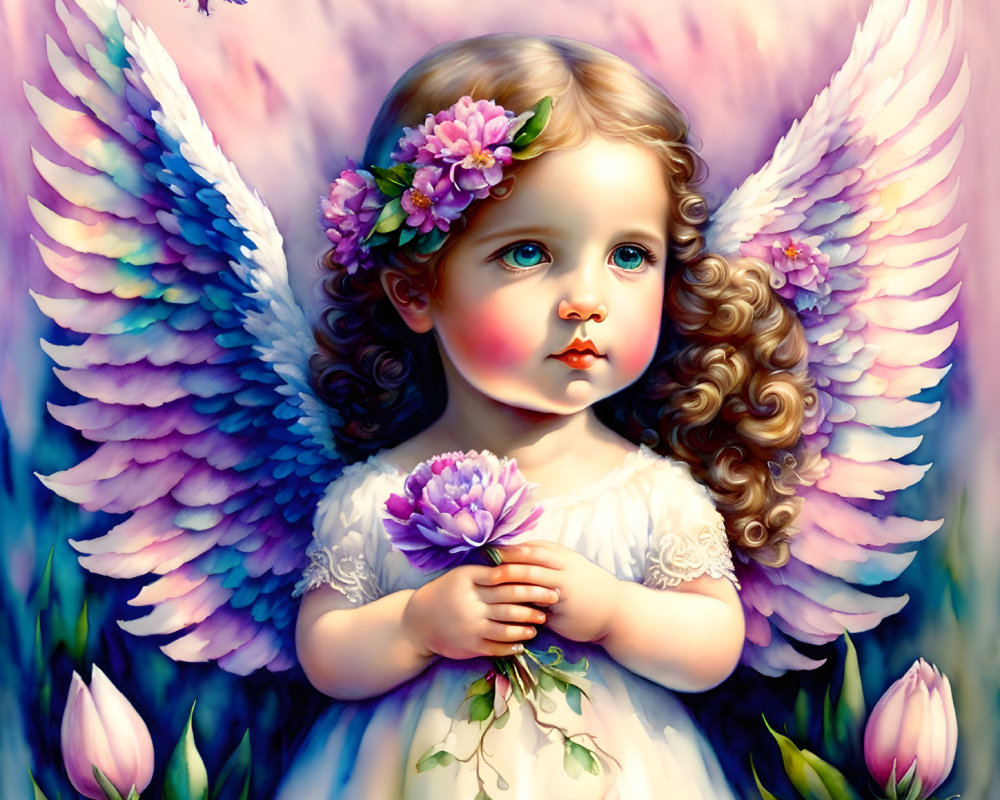 Illustration of angelic child with multicolored wings holding purple flower in soft pink setting