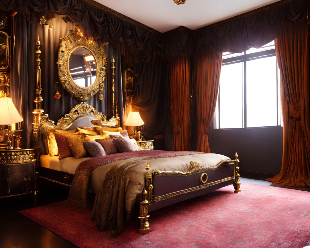 Luxurious Bedroom with Gold Accents and Ambient Lighting