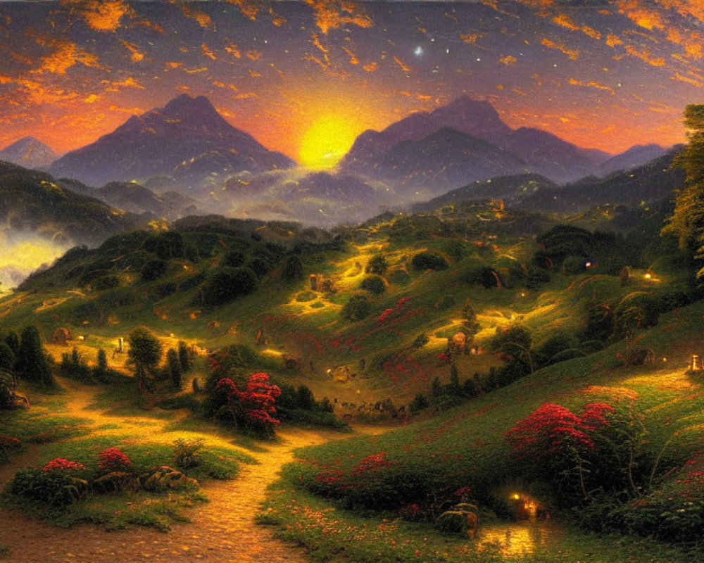 Scenic dusk landscape with glowing sunset behind mountains