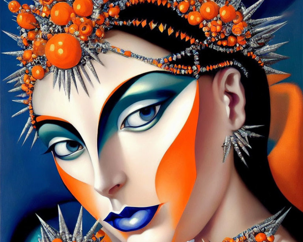 Vibrant portrait with orange and blue face paint and elaborate headdress