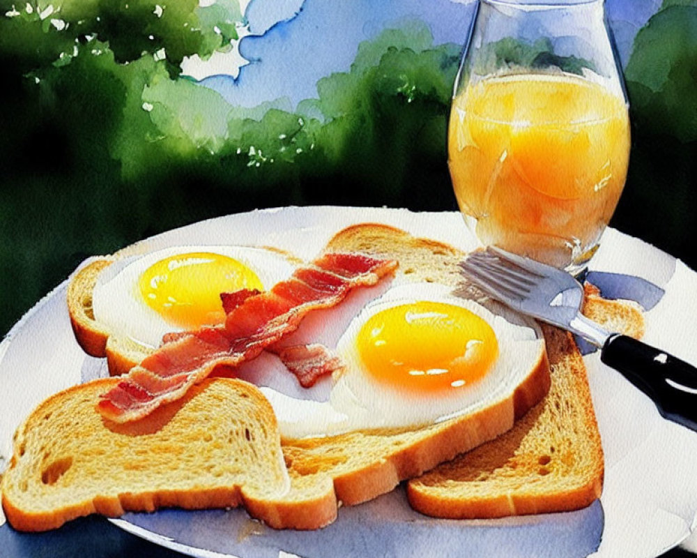 Watercolor painting of breakfast scene with eggs, bacon, toast, orange juice, and greenery.