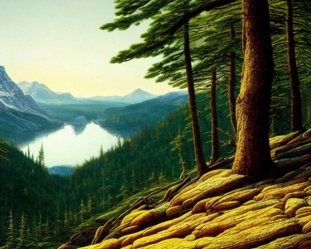 Mountainous Forest Lake Landscape with Hazy Sky