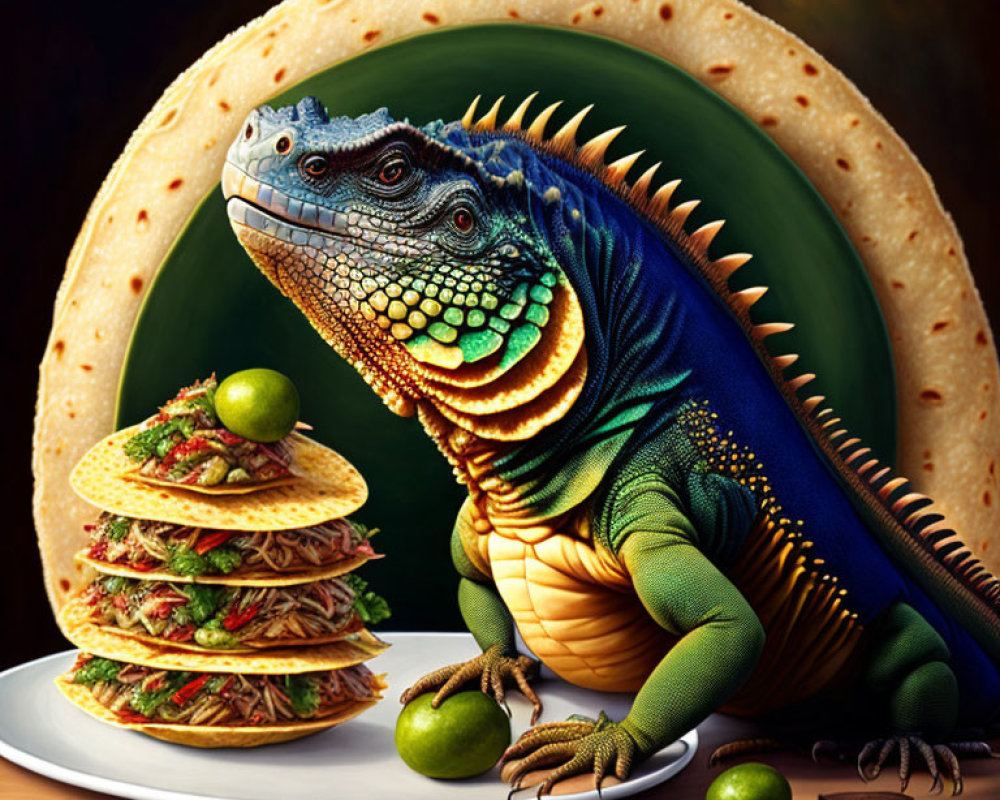 Vibrant iguana with tacos and limes on taco shell background