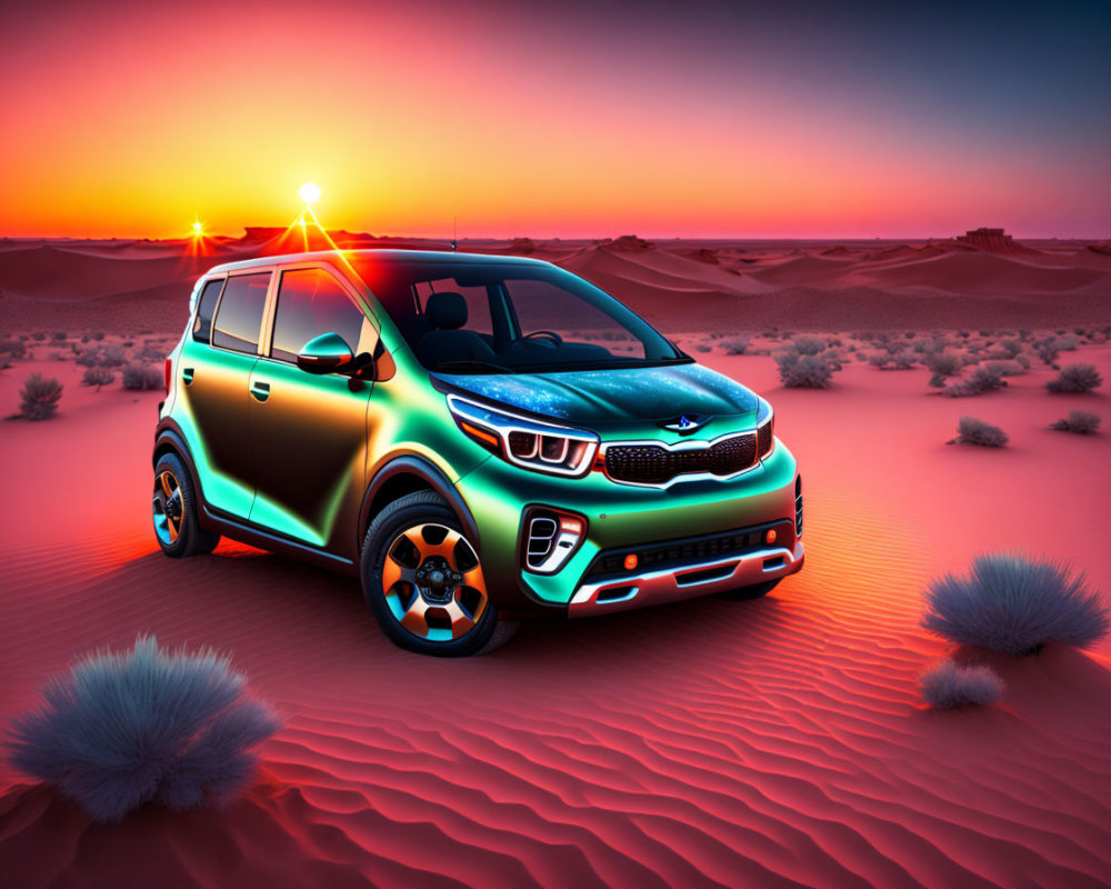 Colorful Car on Desert Dune at Sunset with Reflective Surface