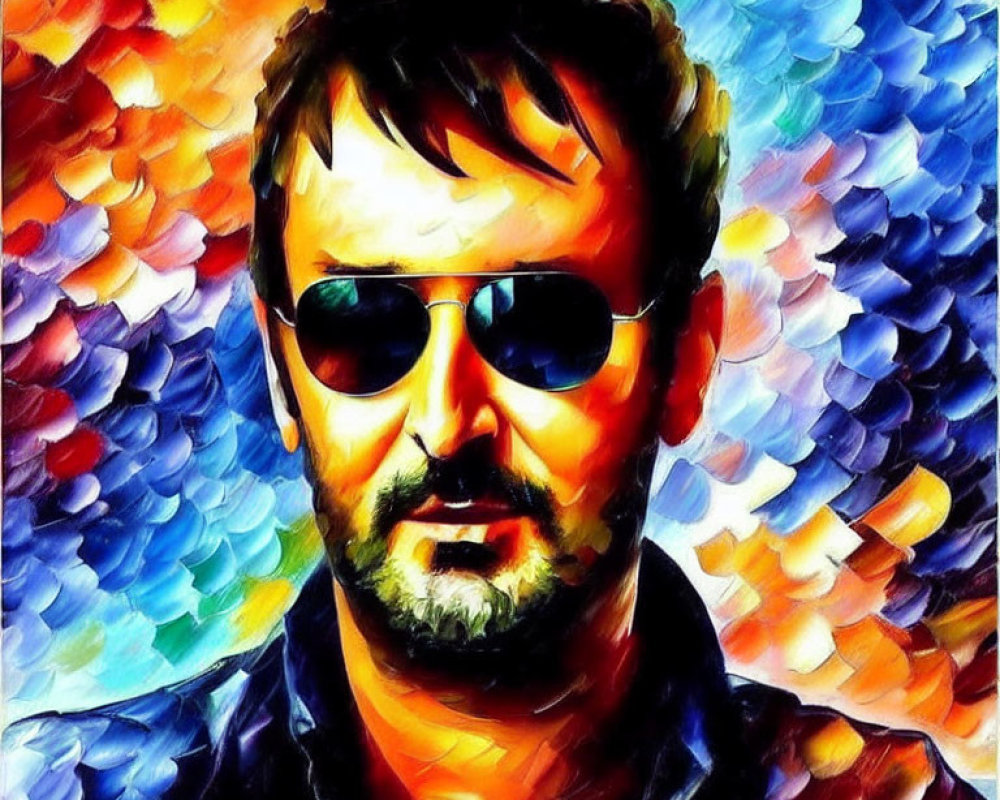 Colorful Abstract Art: Bearded Man in Sunglasses with Textured Style