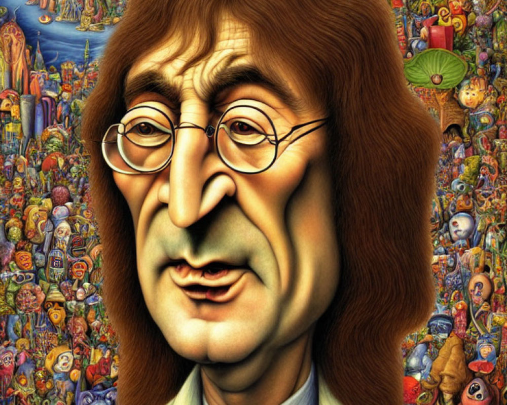 Vibrant caricature of a man in round glasses in surreal landscape