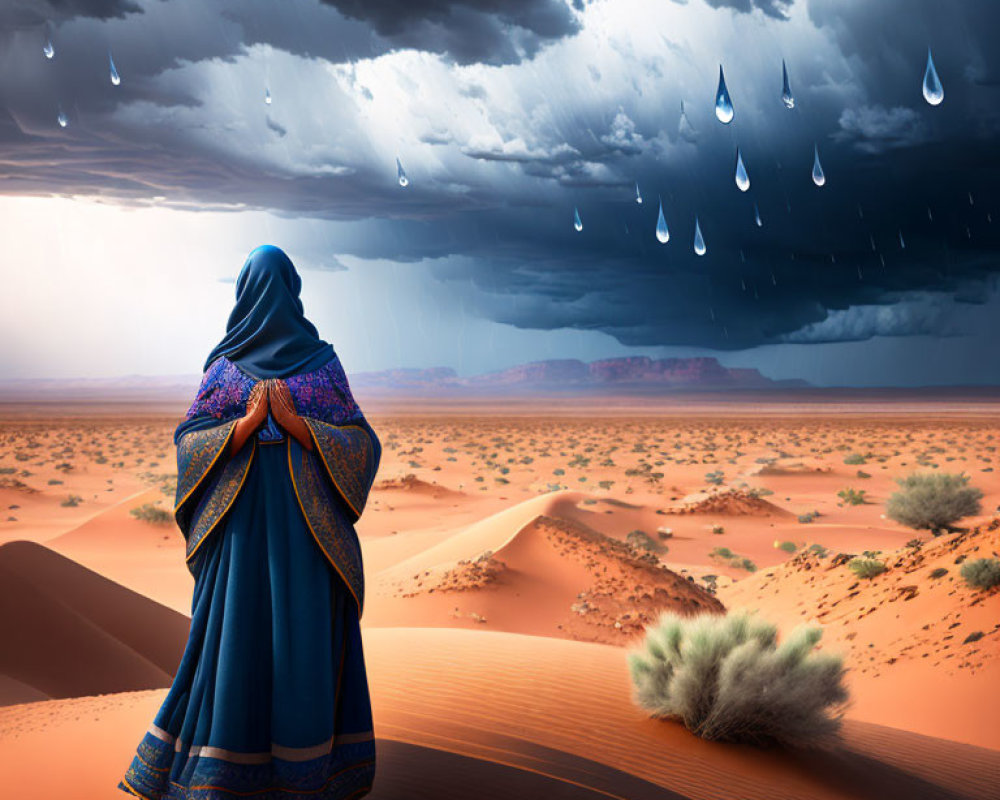 Blue Garment Figure Stands on Sandy Dune Under Dramatic Sky