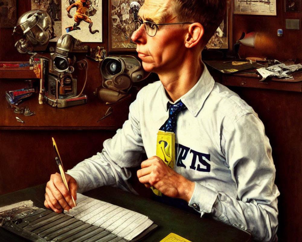 Man at cluttered desk surrounded by vintage items and eclectic decorations.