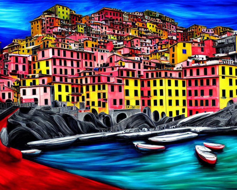 Colorful Expressionist Painting of Coastal Village & Boats