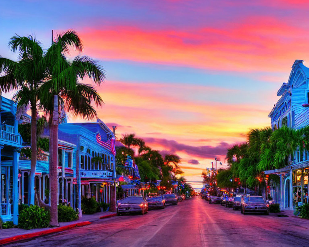 Vibrant orange and pink sunset over colorful street with palm trees