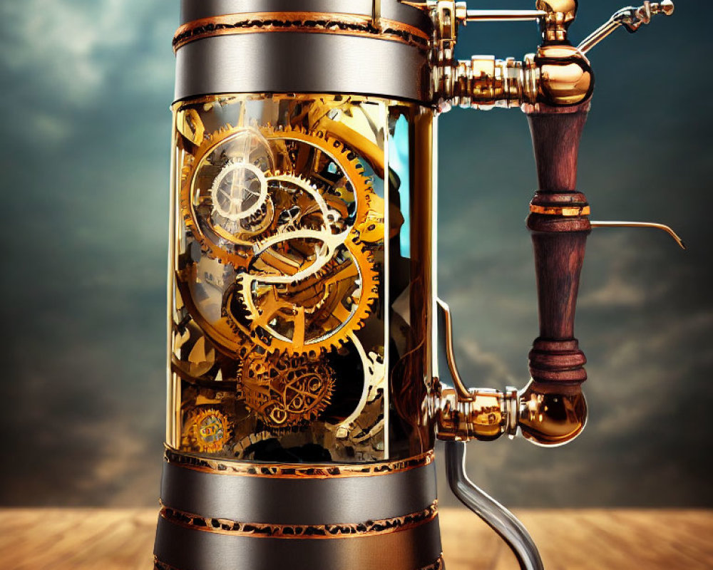 Detailed ornate coffee grinder with intricate gears on blurred cloud backdrop