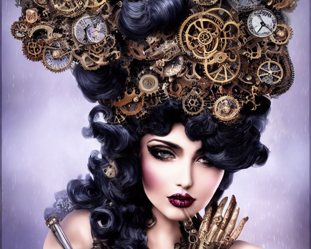 Elaborate Steampunk Hairstyle with Dramatic Makeup and Metallic Glove