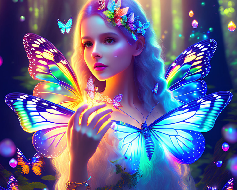 Mystical woman with glowing butterflies in enchanted forest