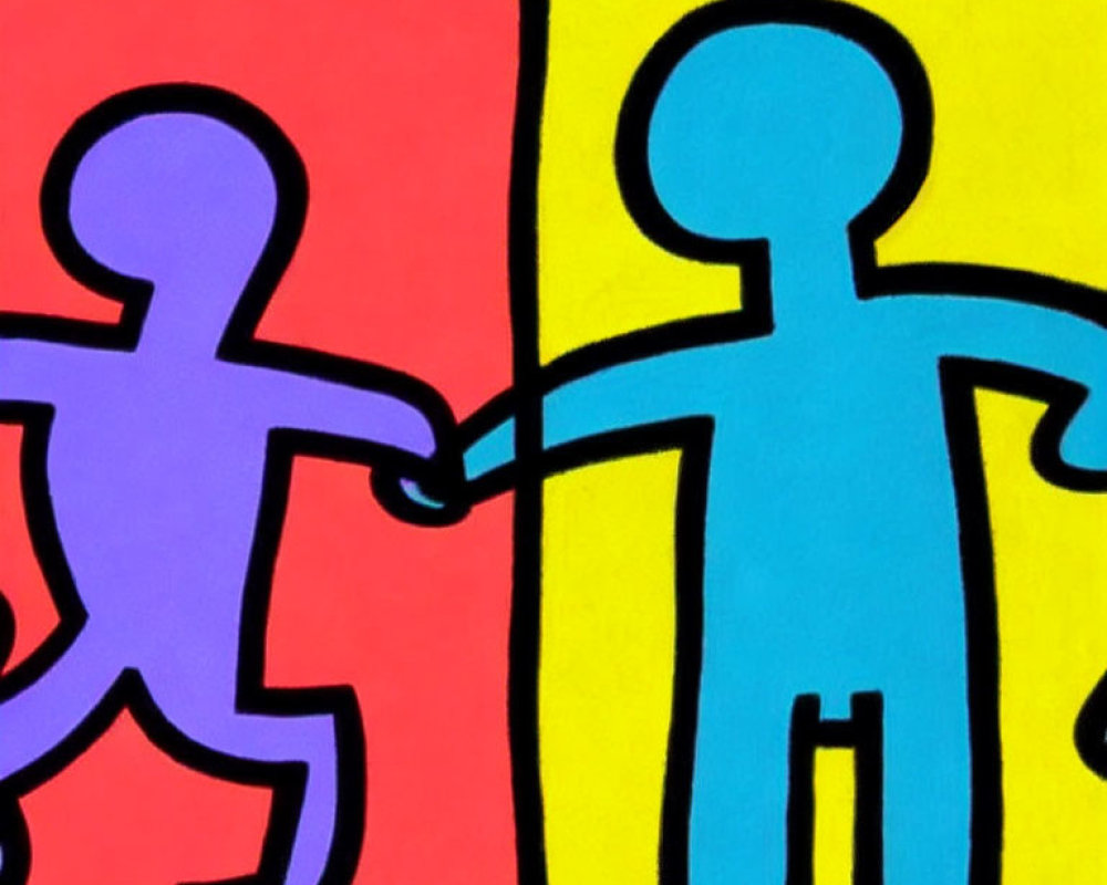 Stylized purple and blue figures touching hands on vibrant background