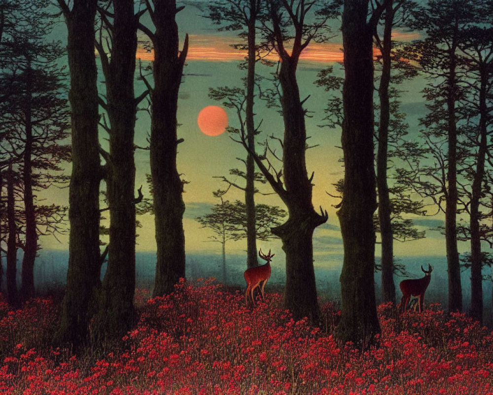 Twilight forest scene with red foliage, deer, and low sun