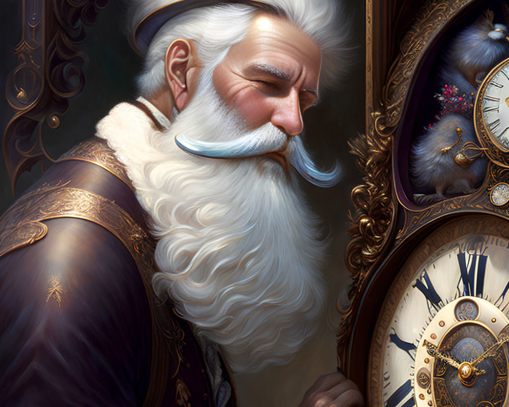 Elderly man with white mustache in renaissance attire next to ornate clock