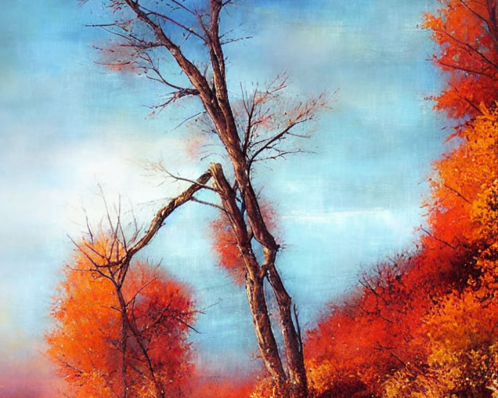 Autumn landscape: fiery-orange foliage, bare trees, tranquil river.