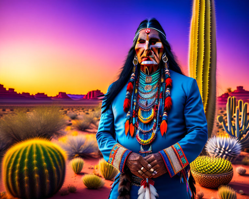 Native American person in desert sunset with cacti and mesas